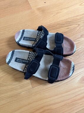 Pedro Garcia Black Suede Double-Strap Sandals with Woven Footbed Sz 7.5